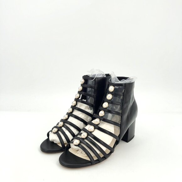 Chanel Black Pearl-Embellished Roman Round-Toe Block Heels - Picture 1 of 9